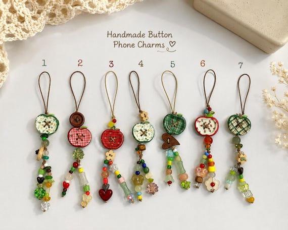 Handmade Button Phone Charm, Apple Beaded Strap, Cute Kawaii Phone Accessory, Gift for Her, Aesthetic Bag Charm, Cottagecore Style