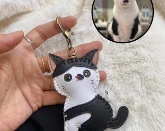 Personalized Pet Leather Keychain, Custom Cat Dog Keychain, Handmade Pet Portrait Keyring, Cute Animal Lover Gift, Custom Pet Memorial Gift