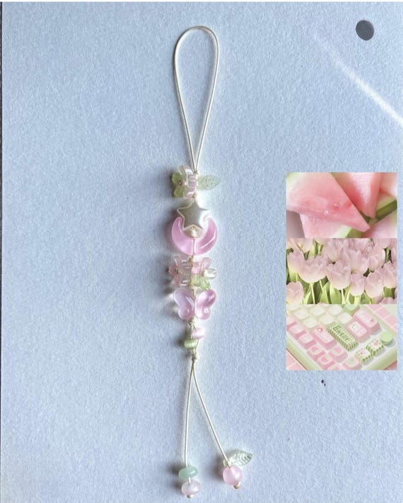 Handmade Beaded Phone Charm, Cute Tulip Phone Strap, Aesthetic Phone Lanyard, Colorful Kawaii Phone Charm, Gift for Her