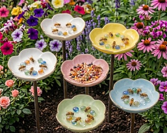 Ceramic Bee Watering Station, Handmade Pollinator Feeder Dish, Mini Flower Bee Bath, Garden Decor for Bees & Butterflies, Home decor