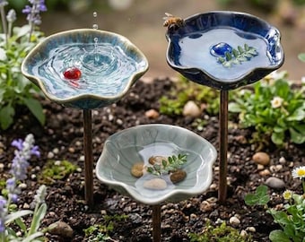 Handmade Ceramic Garden Watering Station, Bee & Butterfly Water Feeder Stake, Flower Dish Plant Stake, Garden Decor,Pollinator Water Station