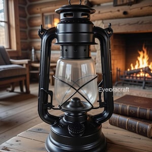 May include: A black metal lantern with a clear glass globe, placed on a wooden table. The lantern has a handle and a decorative top. The background shows a fireplace with a burning fire and a stack of books.