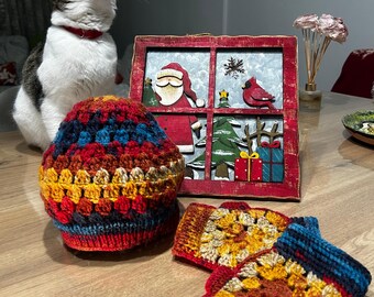 Crochet Beanie & Gloves Set, Handmade Colorful Gift Set, Unique Christmas and Valentine's Day, Gift for Her, Winter Fingerless Gloves
