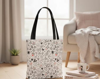 Hand-Drawn Hearts Doodle Tote Bag | All-Over Print