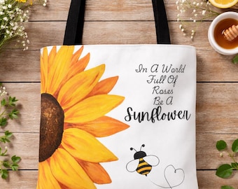 Sunflower Inspirational Quote Tote Bag | Floral Canvas Market Tote