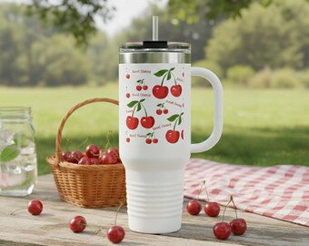 Cherry Pattern 40oz Travel Mug | Insulated Tumbler with Straw and Handle