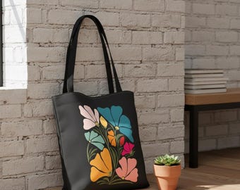 Retro Floral Bouquet Tote Bag | Colorful Poppy Illustration on Black
