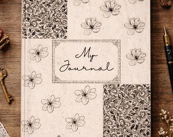 Black Beige Vintage Floral Journal | Ruled Journal | Lined Stationery | Retro Floral Pattern Diary | A5 Page PDF File Digital Download