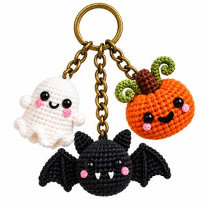 Halloween Crochet Keychain Pattern Bundle, Ghost Pumpkin Bat Amigurumi PDF, 3 in 1 Beginner DIY Bag Charm, Instant Digital Download