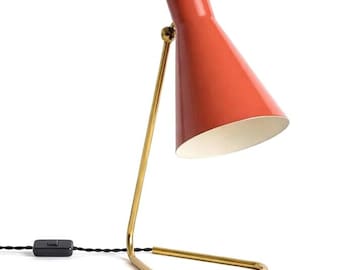 Mid Century Modern Red Cone Table Lamp, Adjustable Brass Desk Lamp, Retro Vintage Bedside Light, Minimalist Home Decor