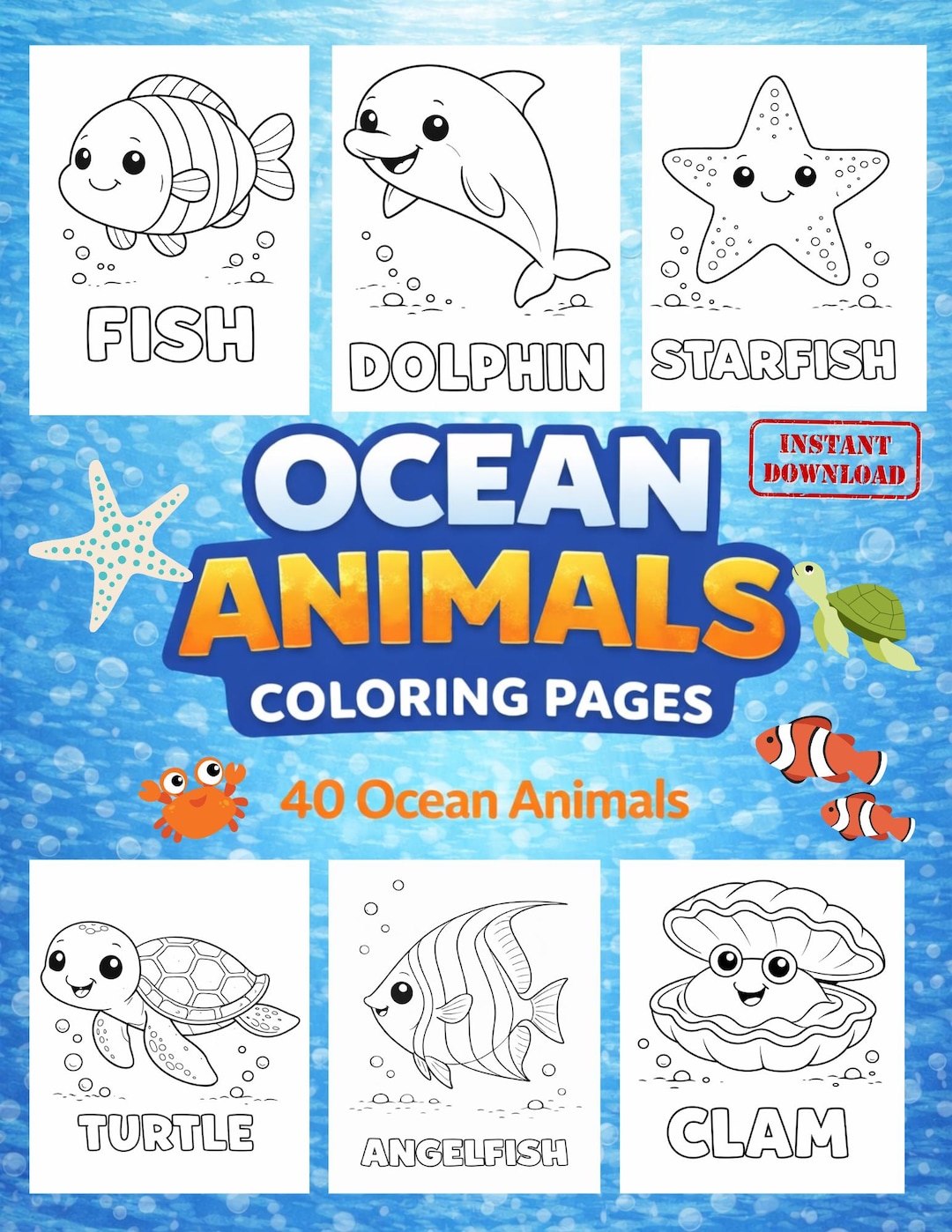 Ocean Animals Coloring 40 Pages for Kids- Printable Coloring/ Instant ...