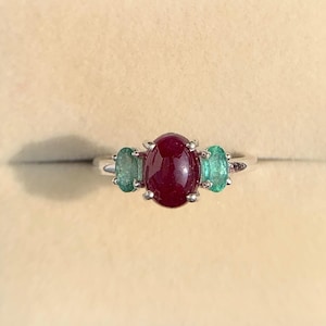 Natural Ruby Emerald Three Stone Ring, Vintage Sterling Silver Engagement