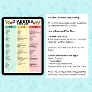 Op de afbeelding: Een digitale tablet toont een diabetes voedingslijst, ingedeeld in 'Eten', 'Beperken' en 'Vermijden'. De lijst bevat fruit, groenten en andere voedselgroepen. Er staan ook instructies voor het downloaden van het bestand.