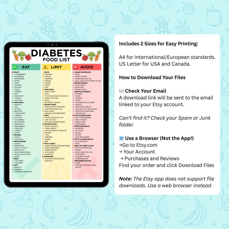 Op de afbeelding: Een digitale tablet toont een diabetes voedingslijst, ingedeeld in 'Eten', 'Beperken' en 'Vermijden'. De lijst bevat fruit, groenten en andere voedselgroepen. Er staan ook instructies voor het downloaden van het bestand.