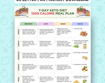 May include: A colorful 7-day keto diet meal plan with a 1200-calorie breakdown. The chart includes breakfast, lunch, dinner, and snack options with ingredients and measurements in US customary units. The text at the top says "US LETTER | A4 | INSTANT DOWNLOAD".