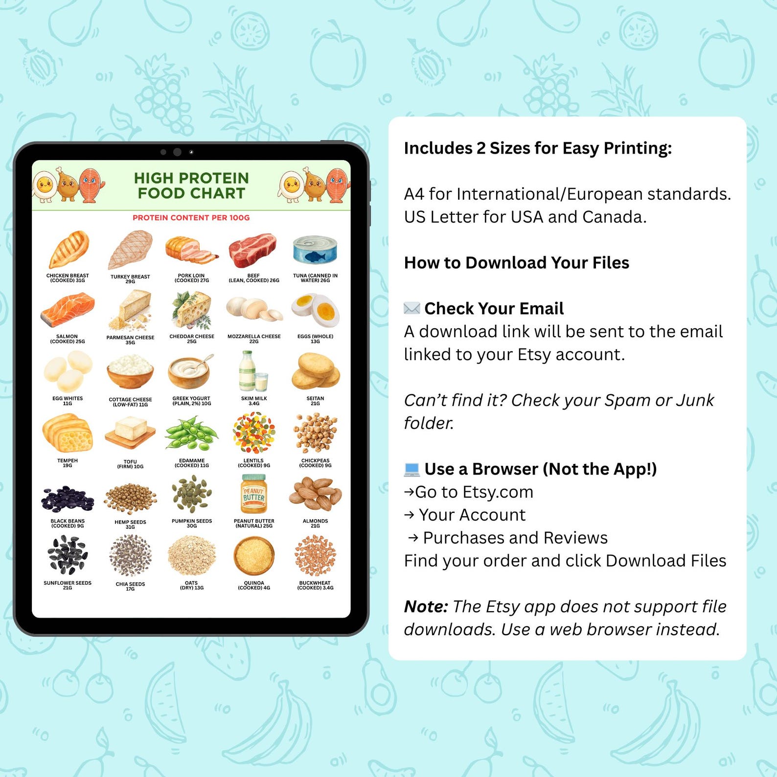 High Protein Foods Chart | Protein Food List Printable | Protein ...