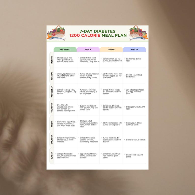 Diabetes Meal Plan Printable | 7 Day 1200 Calorie Menu | Low Glycemic ...