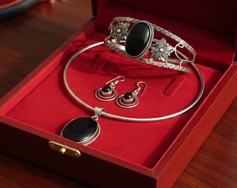 Handmade Black Onyx Jewelry Set: Sterling Silver plated  Boho Bangle, Necklace & Earrings