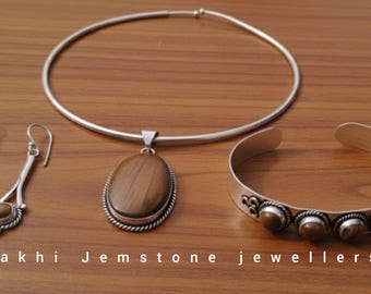 Handmade Tiger Eye Jewelry Set: Sterling Silver Plated Boho Bangle, Necklace & Earrings