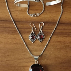 Handmade Red Garnet Jewelry Set, 925 Sterling Silver and silver plated  Boho Style