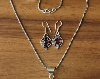 Handmade Red Garnet Jewelry Set, 925 Sterling Silver and silver plated  Boho Style