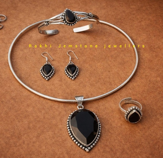Black Onyx crystal cutstone Jewelry Set: Sterling Silver Plated, Boho German Silver