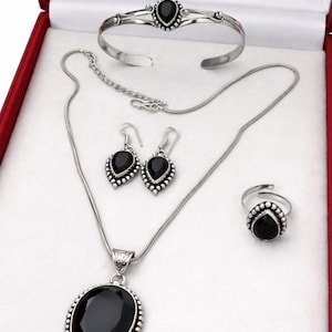 Black Onyx crystal cutstone Pear shape Jewelry Set: Sterling Silver Plated, Boho German Silver