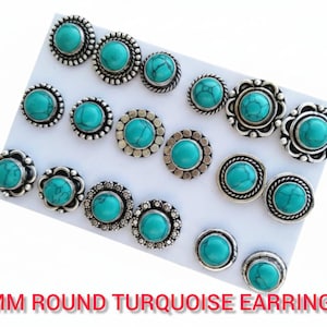 May include: A selection of turquoise stud earrings with silver settings. The earrings are round, featuring a bright turquoise stone. The text at the bottom reads "8MM ROUND TURQUOISE EARRINGS".