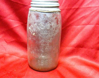 Antique 1858 Mason Jar w/Lid, Aqua Color, Revere Hero Cross