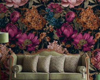 Papel pintado floral oscuro, mural botánico vintage, papel pintado floral con un toque melancólico, decoración romántica para dormitorio y sala de estar.