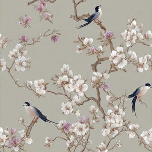 May include: A seamless pattern featuring birds perched on flowering branches. The design showcases white blossoms, pink buds, and birds with black, white, and blue plumage against a muted green backdrop. The branches are a warm brown.