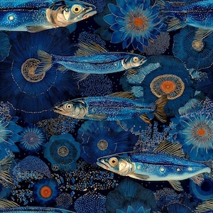 Könnte beinhalten: Nahtloses Muster mit stilisierten blauen Fischen, die zwischen blauen floralen Elementen schwimmen. Die Fische haben silberne Schuppen und gelbe Augen, vor einem dunkelblauen Hintergrund mit goldenen Akzenten. Das Design hat ein Unterwasser-Thema.