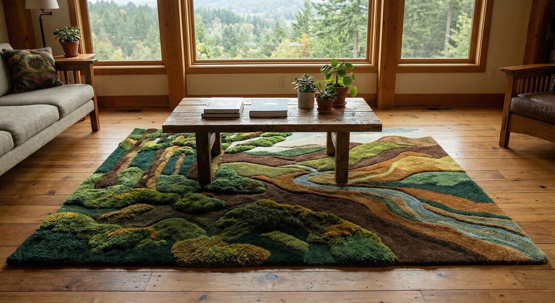 Verdant Valley 3D Wool Landscape Rug | Rustic Earthscape Hand-crafted ...