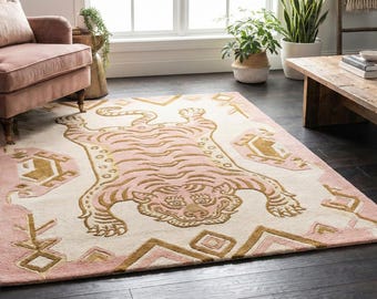 Künstlerischer Handgetufteter Wollteppich mit Tiermotiv | Handgetufteter Tiger Kunstwerk Bodenteppich für Wohnzimmer