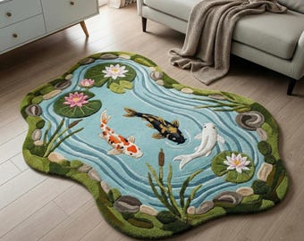 Alfombra artística de lana con diseño de estanque de peces koi / Alfombra de lana de lujo tejida a mano con diseño de estanque de peces. Alfombra de lana de diseño inspirada en la naturaleza para sala de estar y habitación infantil.