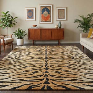Puede incluir: Una gran alfombra con un diseño de rayas de tigre en tonos beige y negro domina la sala de estar. La alfombra está centrada frente a un sofá beige y un mueble de madera. La habitación está decorada con plantas y obras de arte.