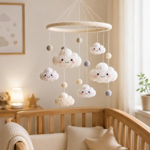 Cloudlings Crochet Hanging Mobile, Soft Rainfall Nursery Art, Whimsical Parent and Child Cloud Sculpture