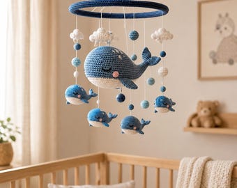 Crochet Whale Lullaby Hanging Art, Mama and Baby Cetacean Sky Mobile for Celestial Nursery Decor