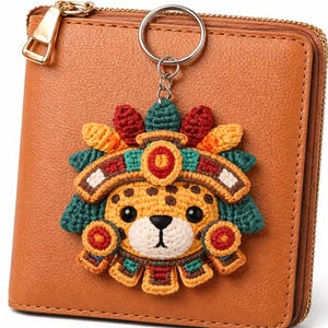 Jaguar Warrior Mask Amigurumi Keychain: Aztec Cacao Spirit Totem Art Charm, Unique Indigenous Inspired Gift