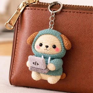Coder Dog Charm for Laptop Bag, Techie Puppy Hoodie Crochet Accessory, Unique Developer Gift for Desk Setup