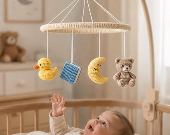 Bedtime Routine Crochet Hanging Mobile with Duck, Book, Moon and Teddy