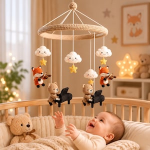Musical Forest Ensemble with Violin Foxes and Piano Bears Crochet Crib Hanging