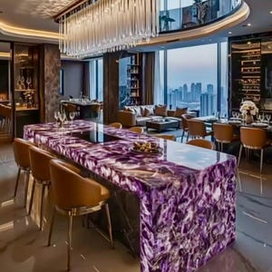 May include: A large kitchen island featuring a polished purple amethyst stone countertop and base, surrounded by several tan leather chairs with gold metal legs, positioned beneath a long, rectangular crystal chandelier in a room.