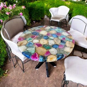 Tavolo da centro per patio in agata bianca / Piano per tavolino da caffè in agata per esterni / Piano per tavolo da pranzo in agata naturale con motivo fluviale / Tavolo in agata policroma