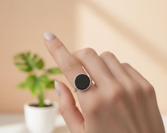 Anillo de ónix negro natural, anillo llamativo de oro amarillo, anillo solitario vintage, anillo de piedra preciosa negra, anillo nupcial de aniversario de boda, anillo de hoja
