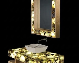 Brown Agate vanity stone Table and Mirror, Stone vanity Top, Agate Bathroom Counter Top