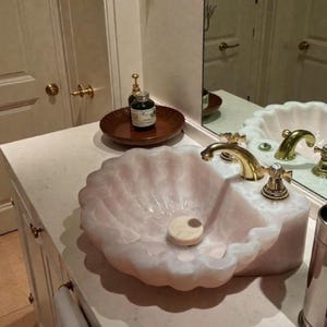 ローズクォーツ天然シンク、高級ピンククォーツ大理石シンク｜手彫りの石の洗面台｜カスタムピンクオニキス洗面台、ピンクオニキス壁掛けシンク