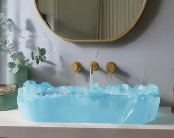 Lavandino in resina epossidica Aqua, lavandino di lusso blu notte / lavabo in pietra intagliato a mano / mobiletto personalizzato in onice blu, lavabo a parete in onice rosa