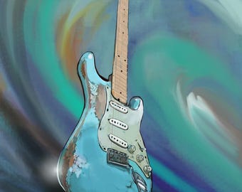 Guitarra Fender Stratocaster Pelham Blue de 1961, arte mural/impresión de pintura artística de guitarra