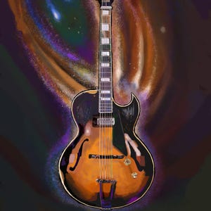 Op de afbeelding: Een artistieke weergave van een Gibson 175 Sunburst gitaar, daterend uit ongeveer 1972. De gitaar heeft een zwarte en oranje body tegen een achtergrond van wervelende kleuren. De afbeelding bevat de tekst "Jim Halls Gibson 175 Sunburst".